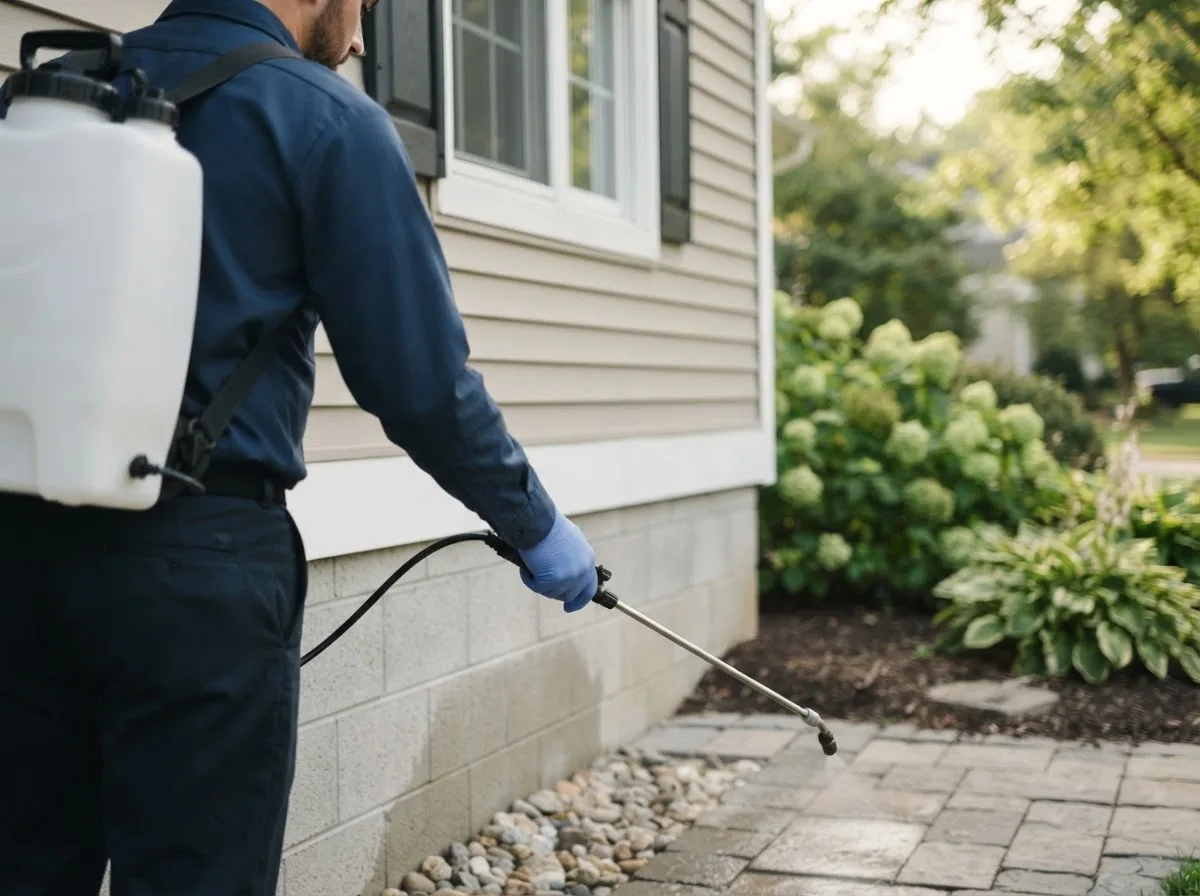 Pest control technician inspecting a home in Farmington, CA